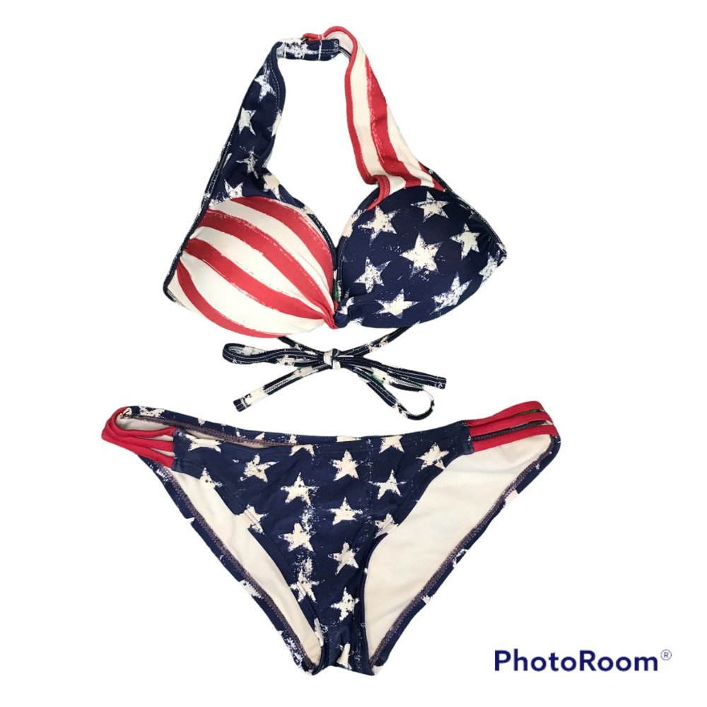 Xhilaration S/P American Flag Design Bikini Set Padded Top Adjustable Ties